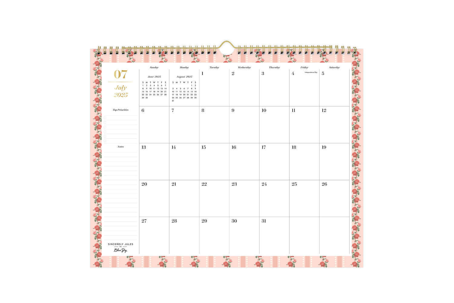 simple and functional 15x12 monthly calendar with roses bordering the whole calendar 2025-2026