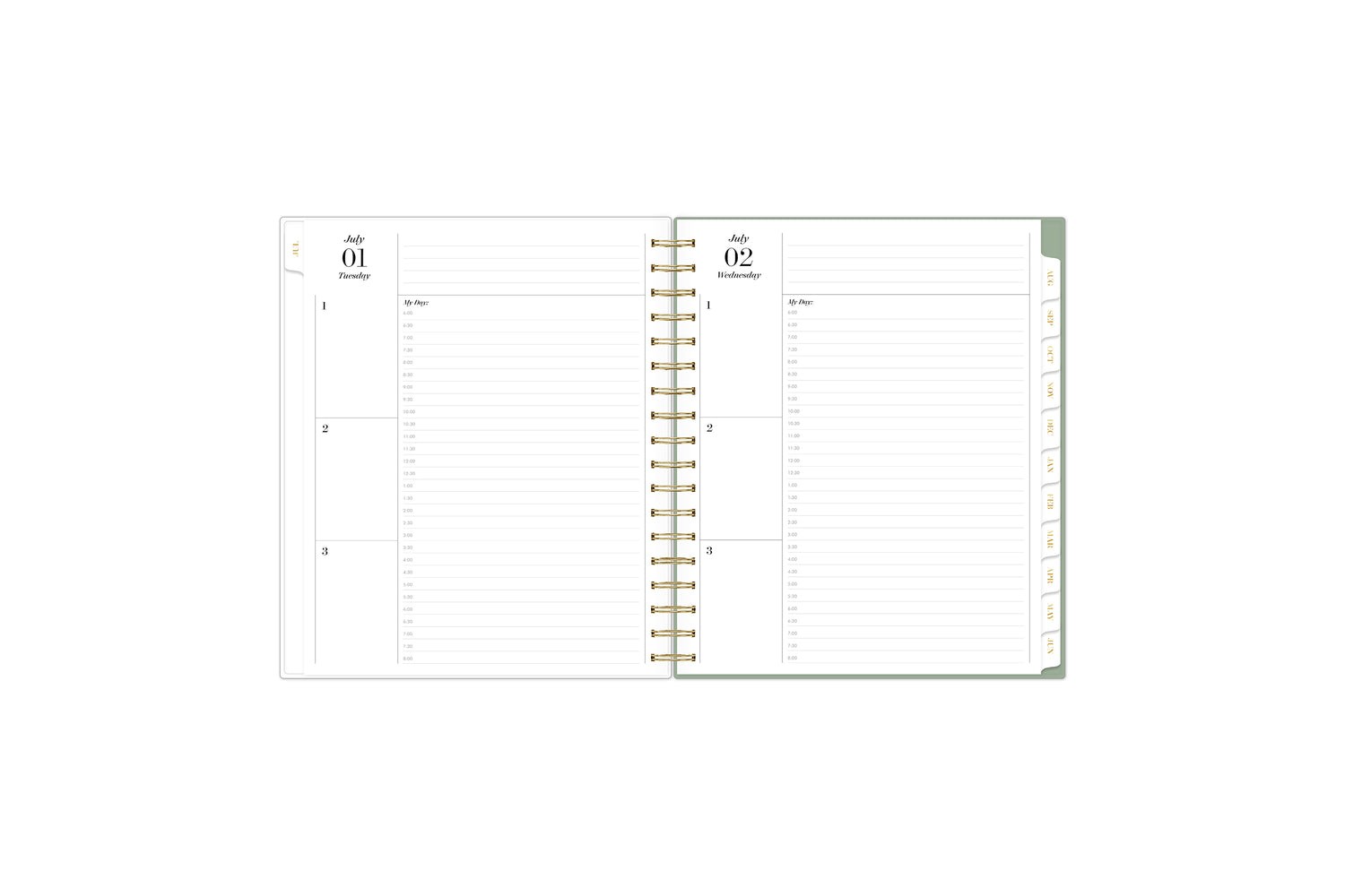 2025-2026 daily planner featuring a daily spread with top priorities on the left, my -day 30-minute increments 6:00am to 8:00pm