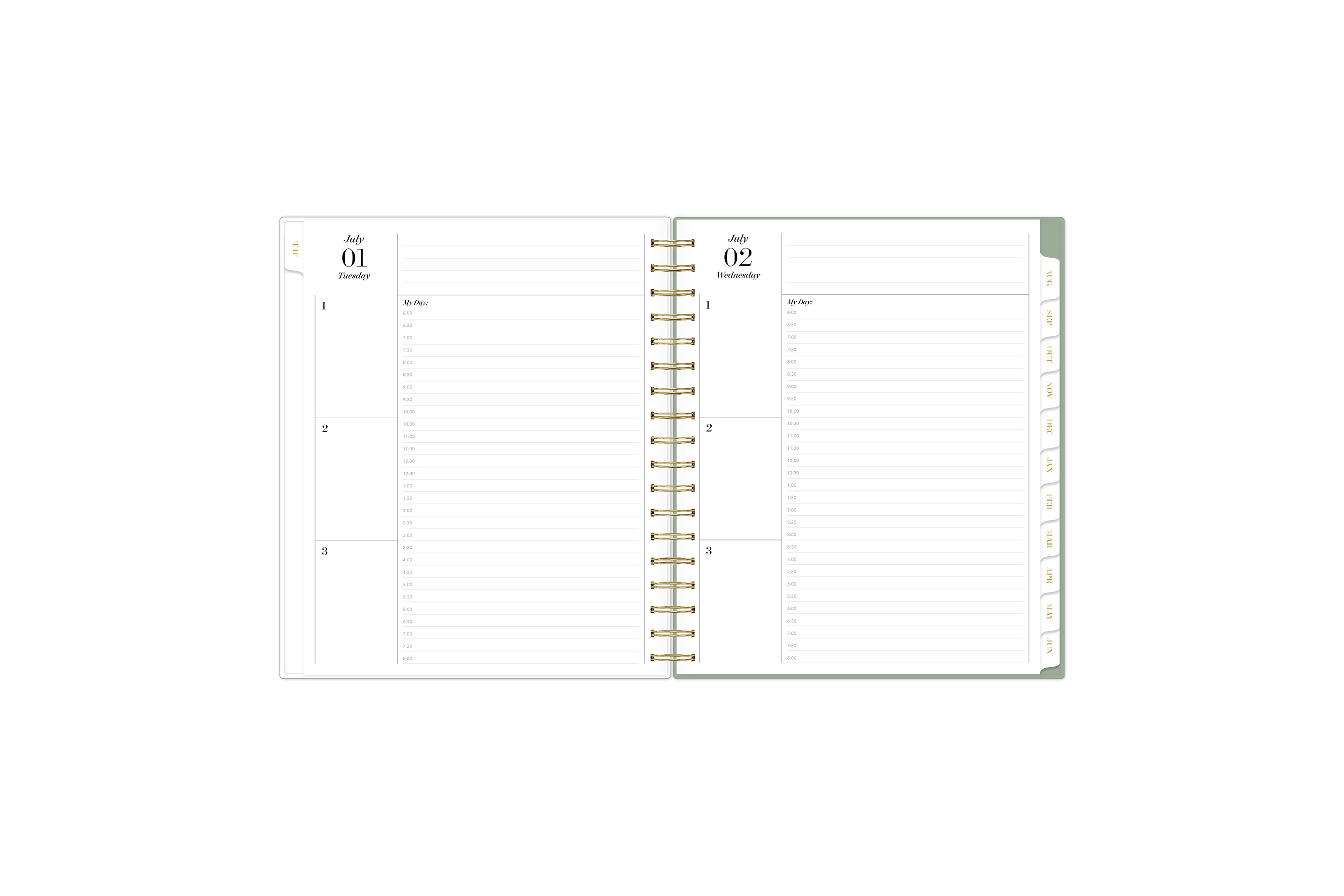 2025-2026 daily planner featuring a daily spread with top priorities on the left, my -day 30-minute increments 6:00am to 8:00pm