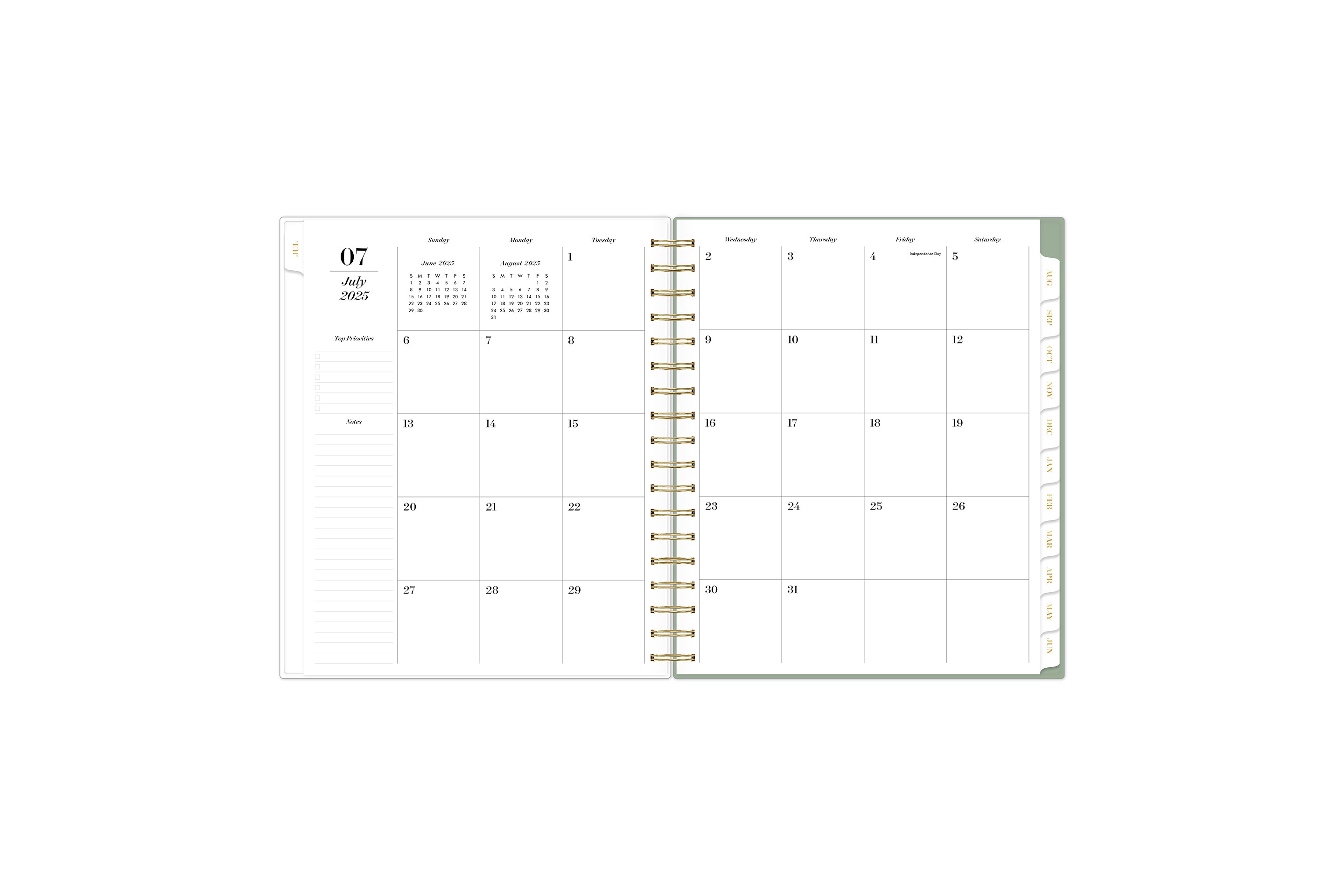 2025-2026 monthly spread featuring ample blank writing space, lined notes section, monthly tabs, and top priorities.