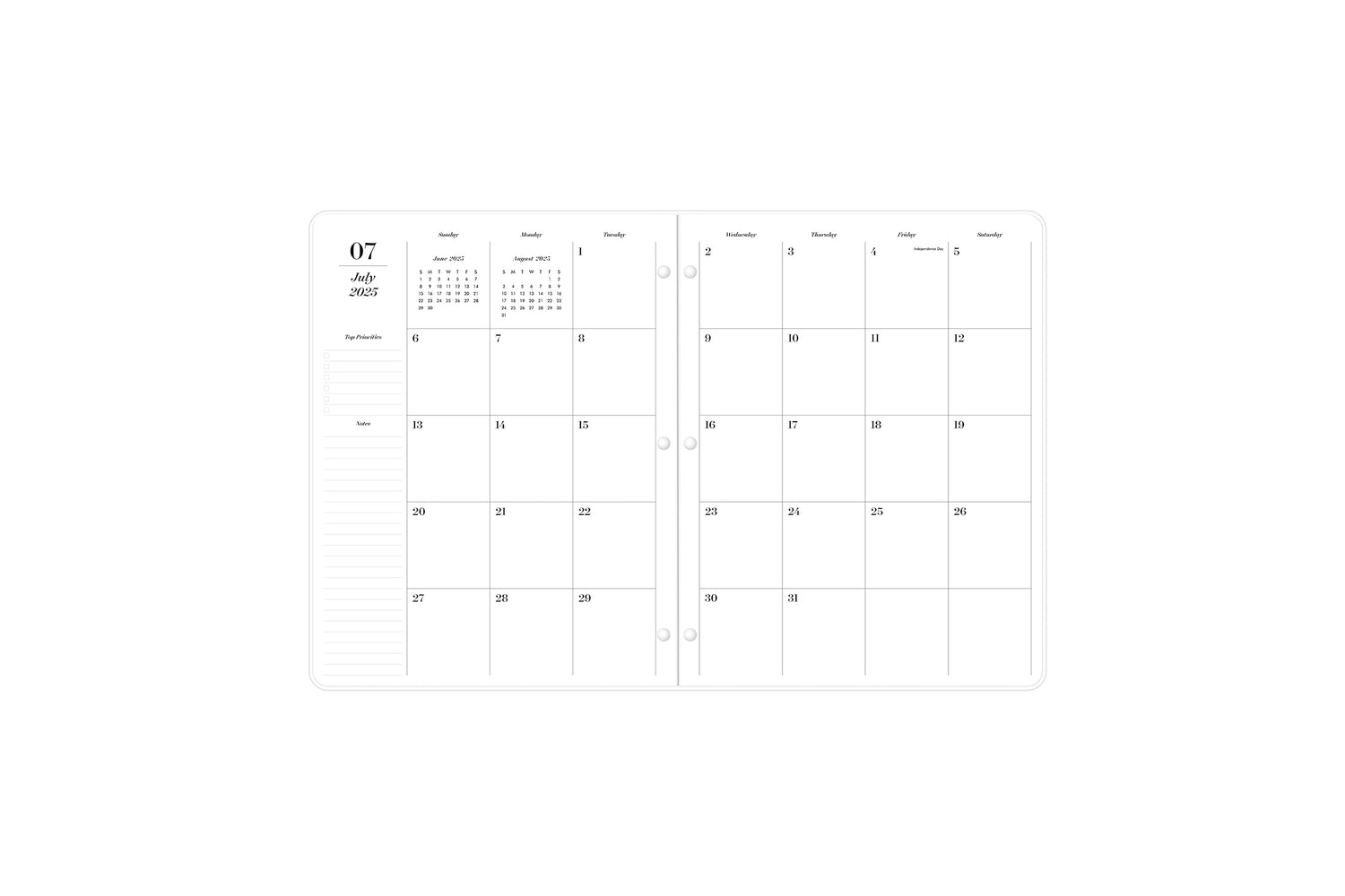 2025-2026 monthly spread featuring ample writing space, boxes for each day, notes section, and top priorities