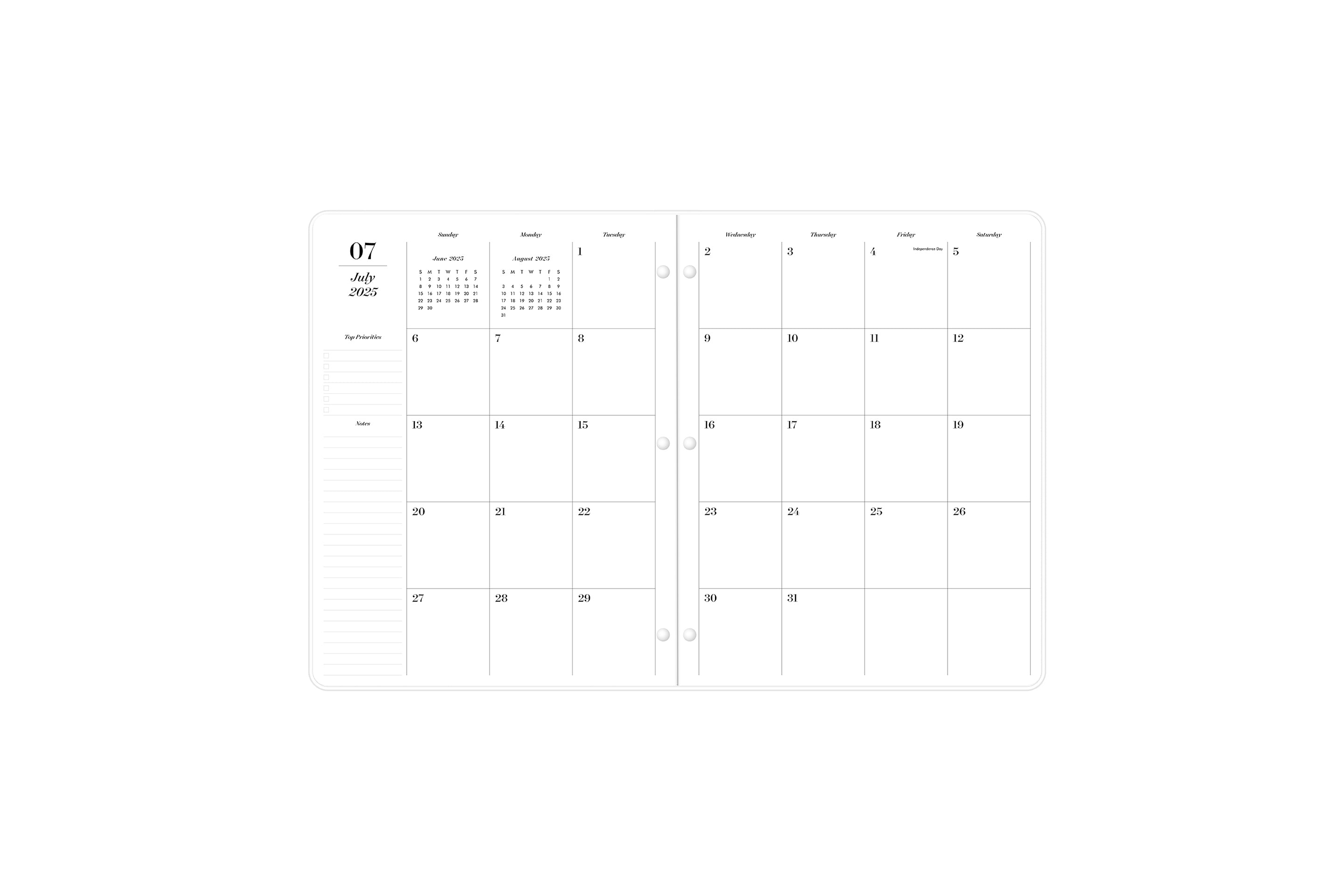 2025-2026 monthly spread featuring ample writing space, boxes for each day, notes section, and top priorities