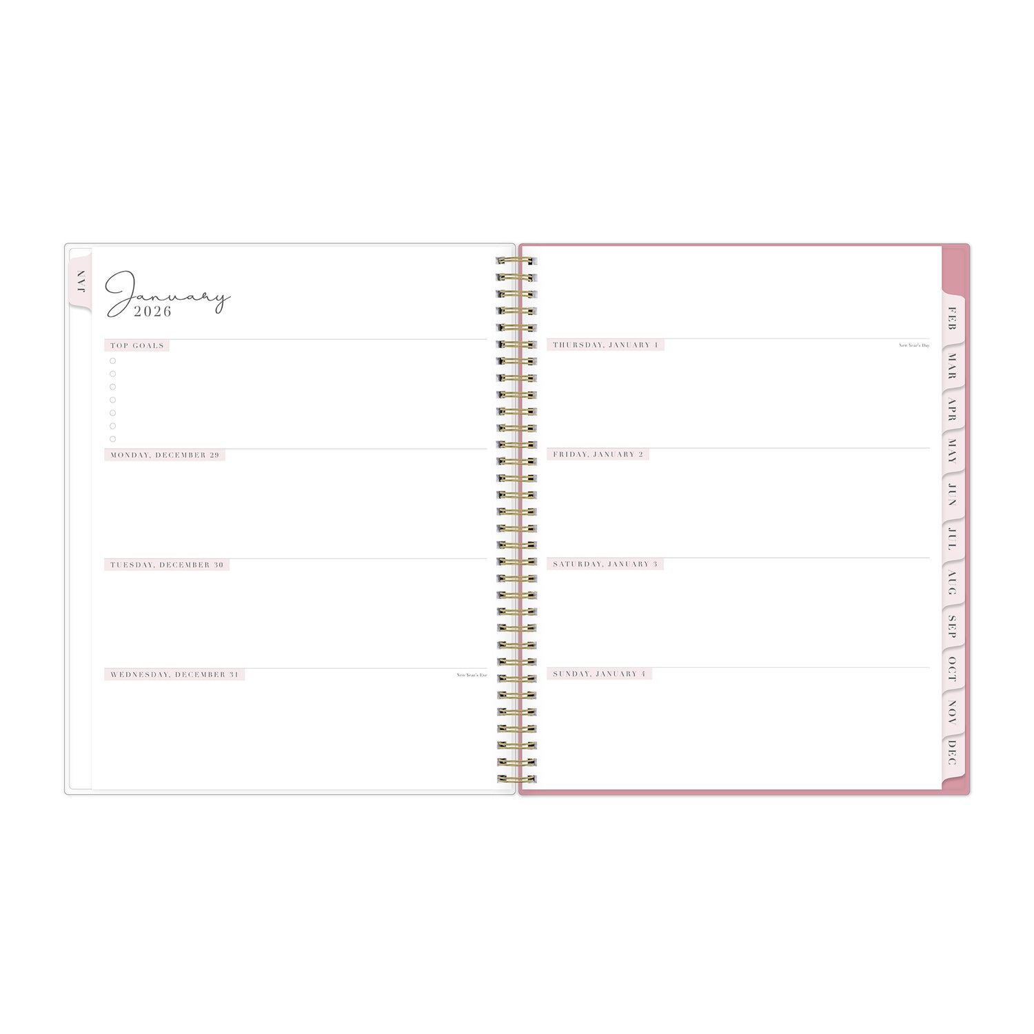 2026 weekly layout featuring blank writing space and pink monthly tabs in 8.5x11 size