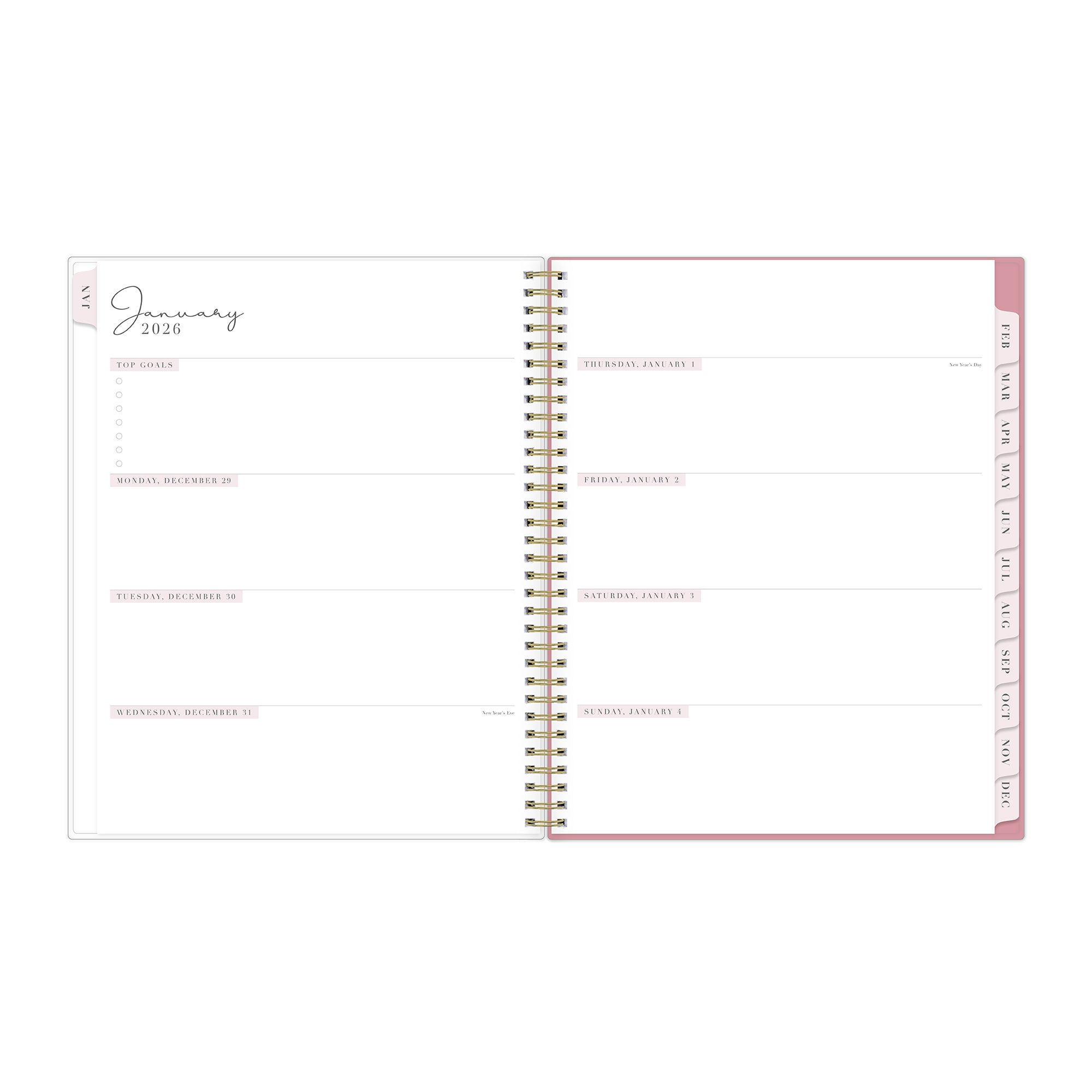 2026 weekly layout featuring blank writing space and pink monthly tabs in 8.5x11 size