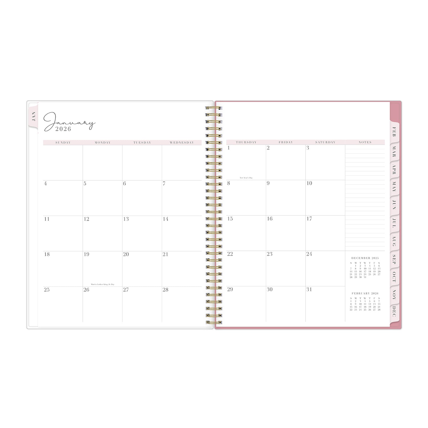 2026 monthly layout featuring blank writing space and pink monthly tabs in 8.5x11 size, lined notes section and reference calendars