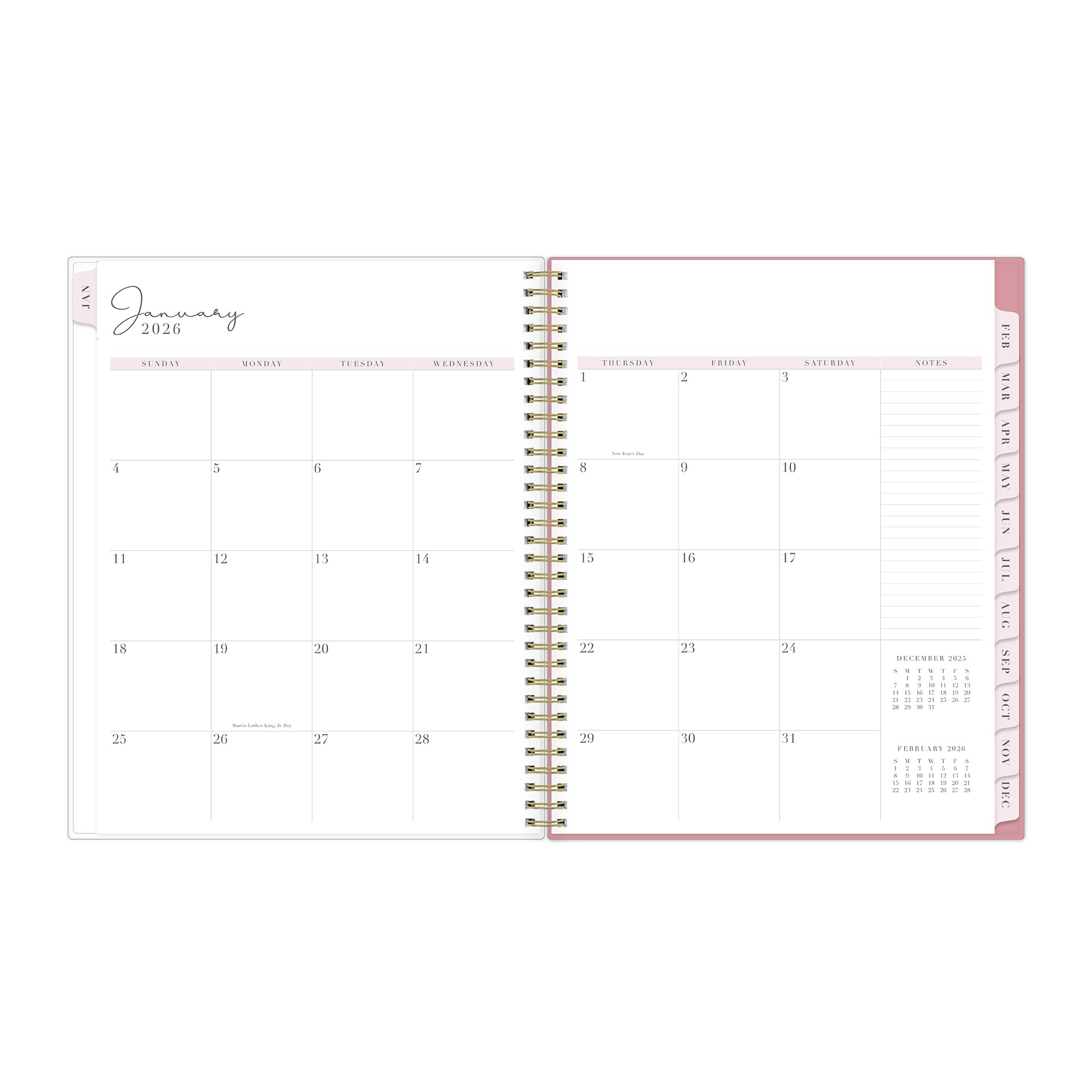 2026 monthly layout featuring blank writing space and pink monthly tabs in 8.5x11 size, lined notes section and reference calendars