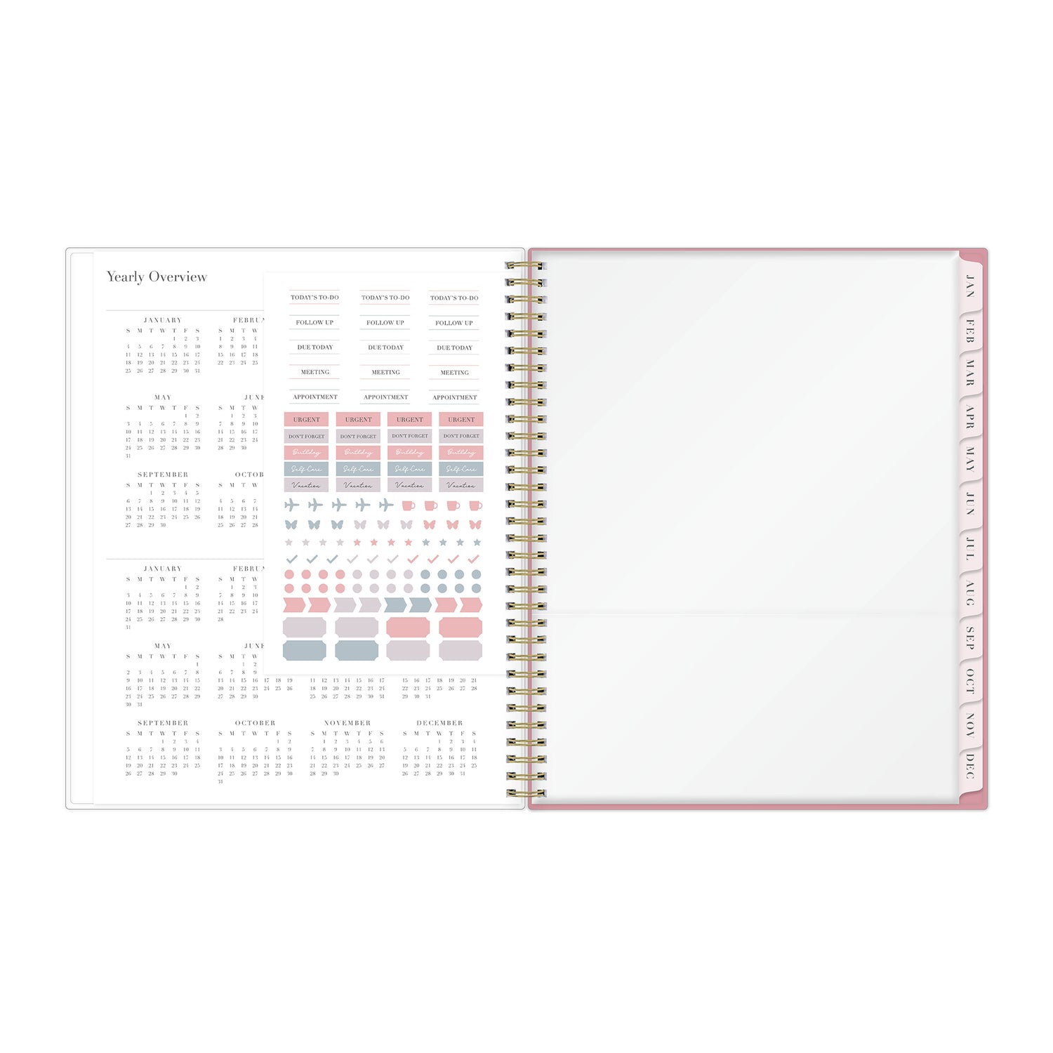 yearly overview of 2026 and 2027 with sticker sheet, storage pocket