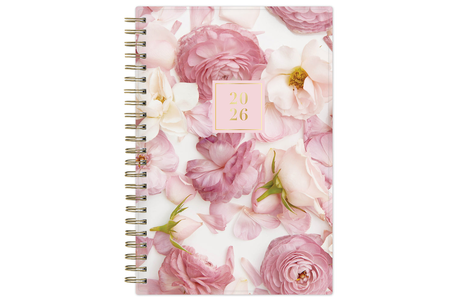Floral patterned planner with a pink cover on a white background
