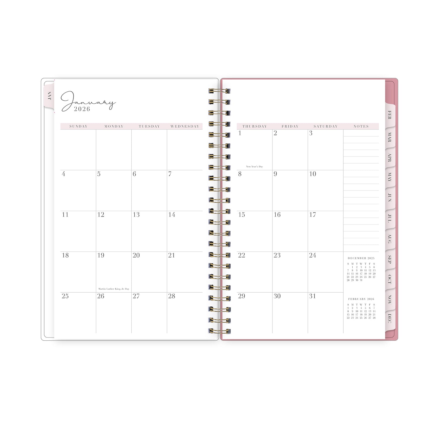 2026 monthly layout featuring blank writing space and pink monthly tabs in 5x8 size, lined notes section and reference calendars