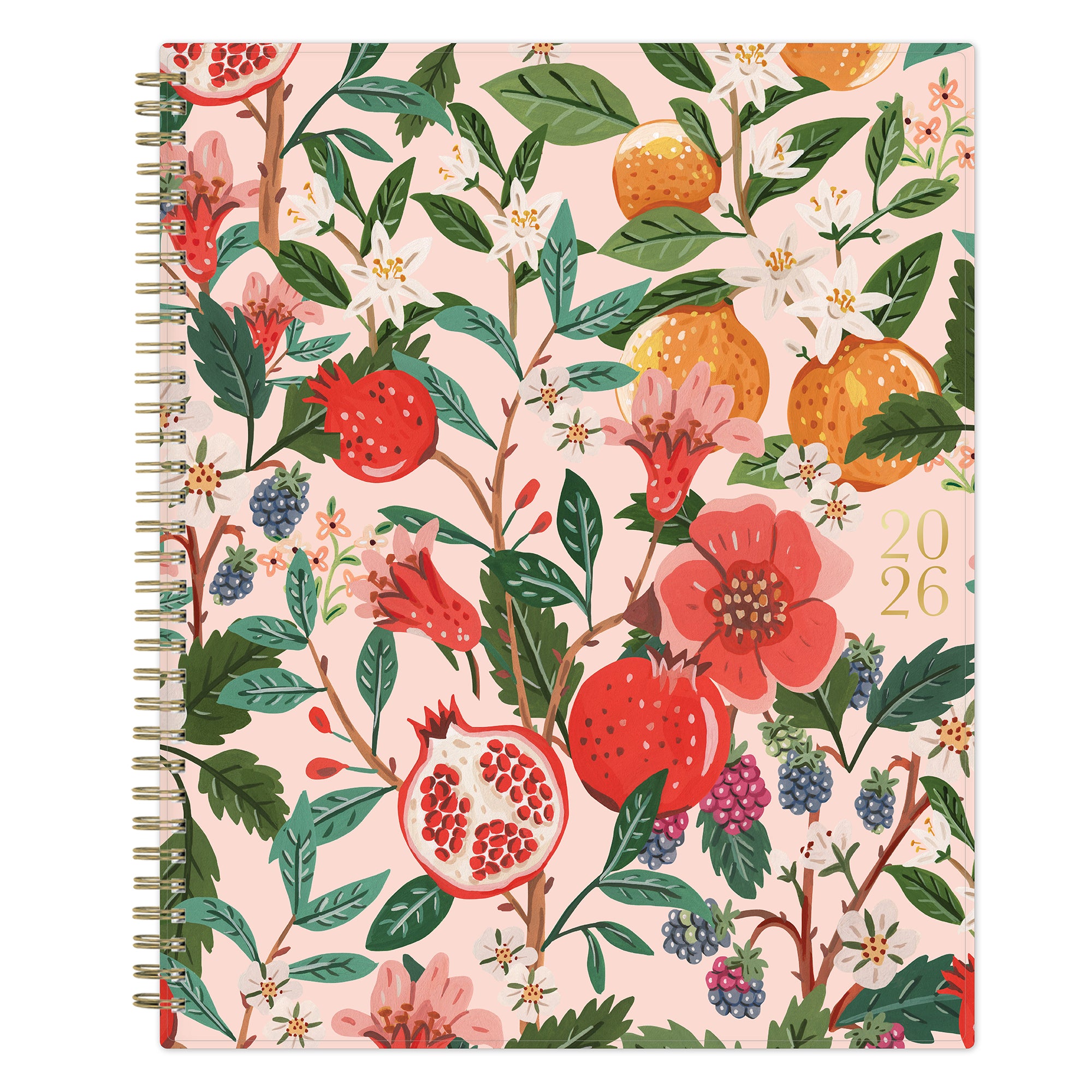 Spiral-bound 2026 planner with floral and fruit design on a pink background