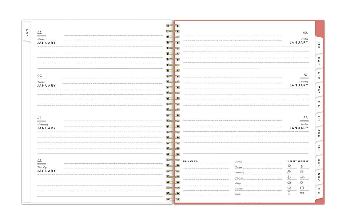 2026 weekly spread featuring dotted lined writing space and white monthly tabs, weekly recap