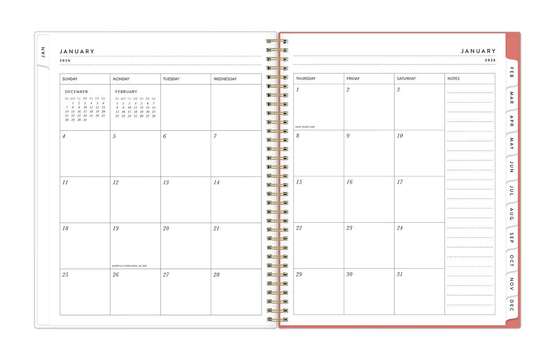 2026 monthly  spread featuring dotted lined writing space and white monthly tabs, blank writing space for each day, and notes section.