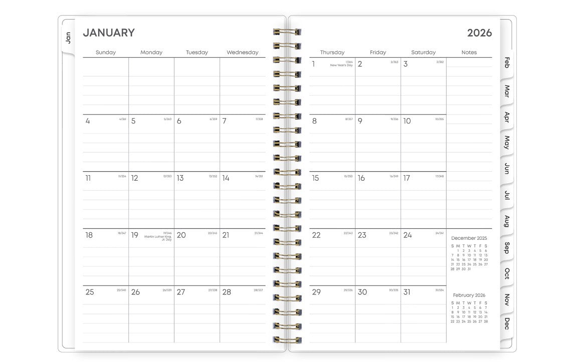 January 2026 - December 2026 weekly monthly planner featuring a monthly spread boxes for each day, lined writing space, notes section, reference calendars, and mint monthly tabs in 5x8 size