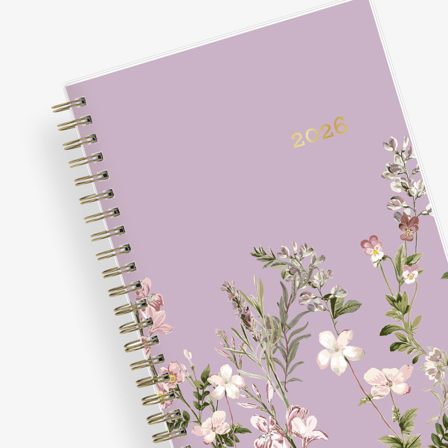 January 2026 - December 2026 monthly planner from Blue Sky features beautiful floral cover design with purple background and gold binding 5x8