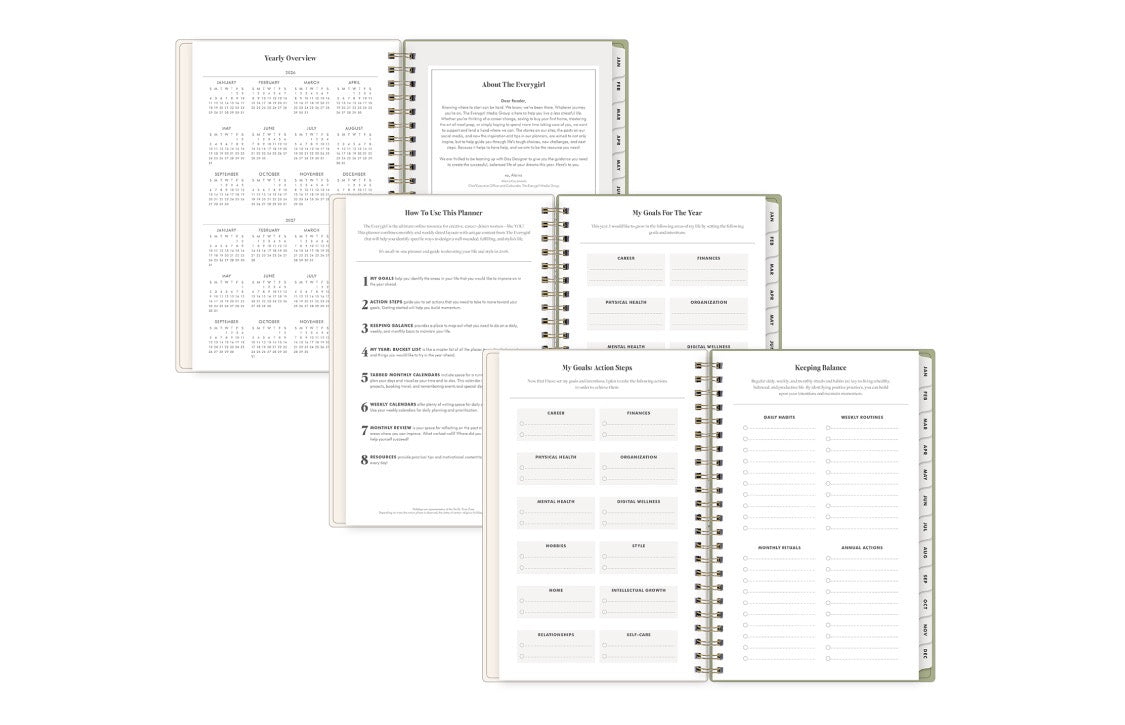 yearly overview 2026 and 2027, goals list, and instructional on how to use the planner