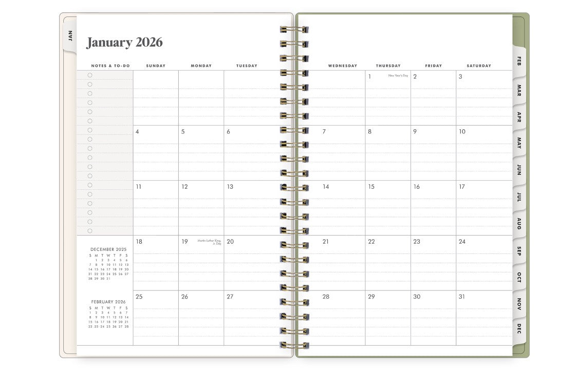 january 2026 to december 2027 monthly spread featuring to do lists and lined writing space reference calendars, and white monthly tabs
