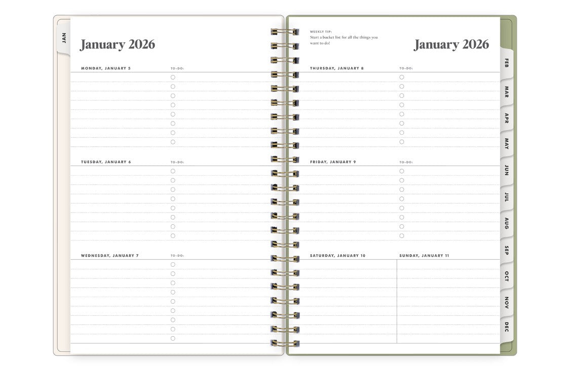 january 2026 to december 2027 weekly spread featuring to do lists and lined writing space
