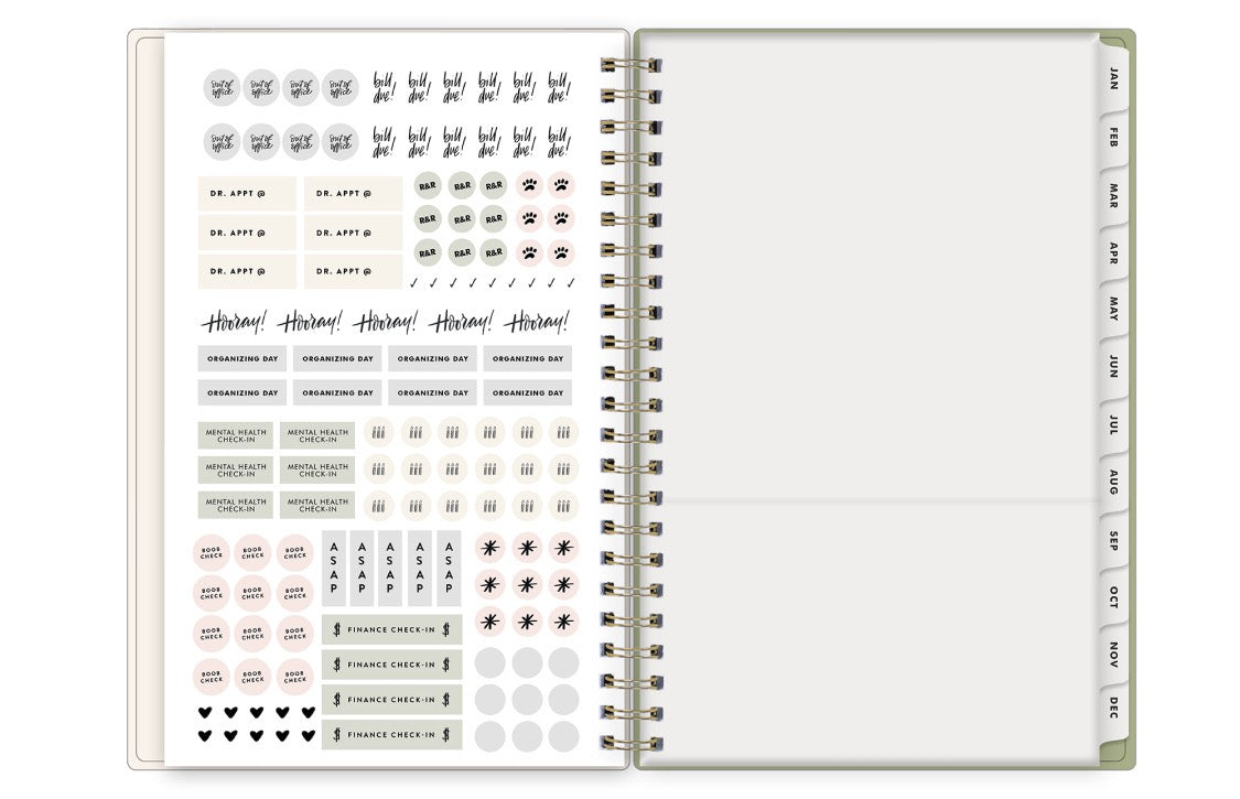 sticker sheets, storage pocket, white monthly tabs on this 2026 planner