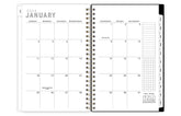 monthly spread with blank writing space, lined writing and grid section plus reference calendars