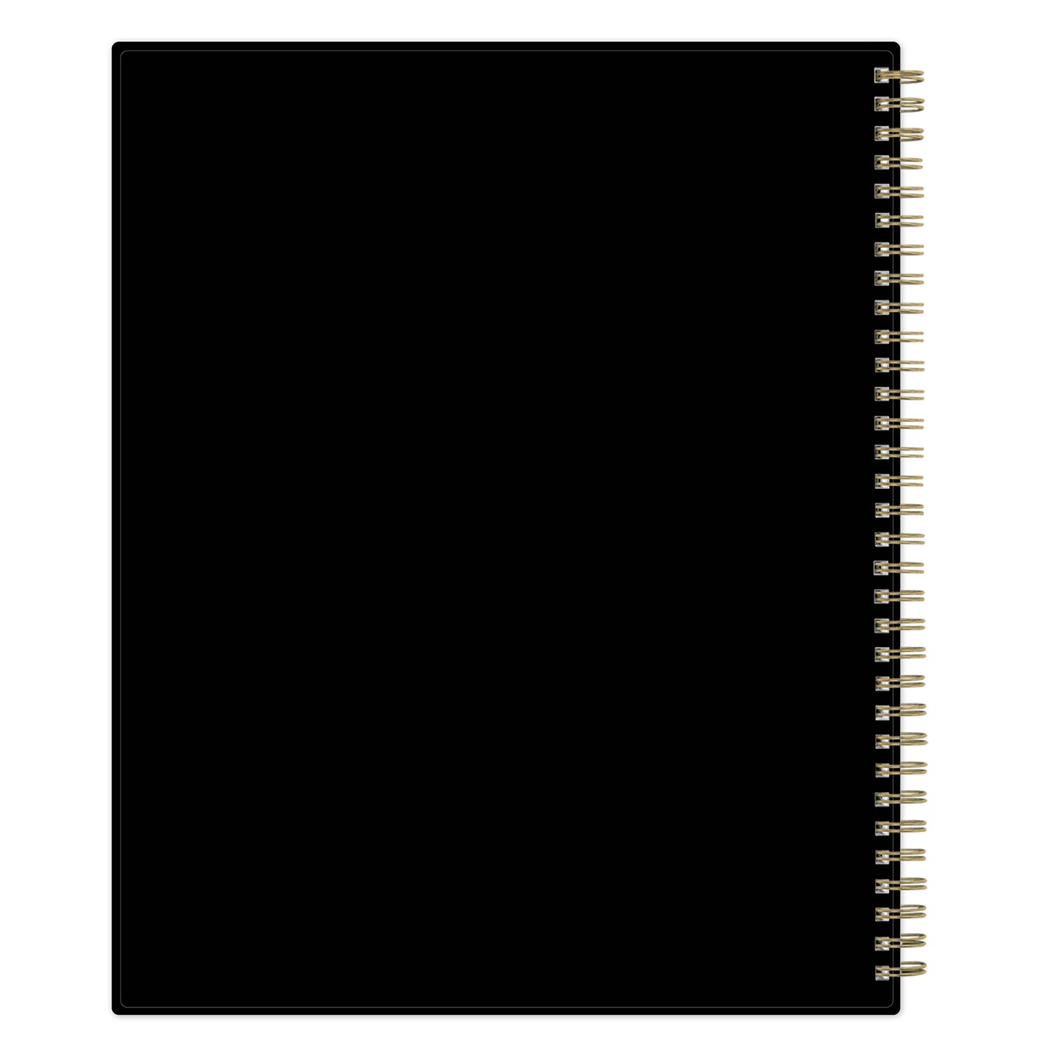 Black spiral-bound planner on a white background with black back cover 8.5x11