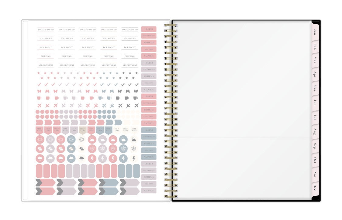 storage pocket, sticker sheeet, and yearly overview for 2026 and 2027