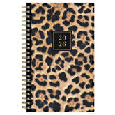 Leopard print planner with a gold spiral binding and &