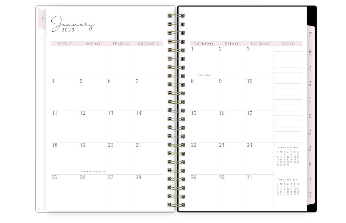 monthly spread with blank writing space for each day, to do list, top goals, and blush monthly tabs for 2026 5x8 planner