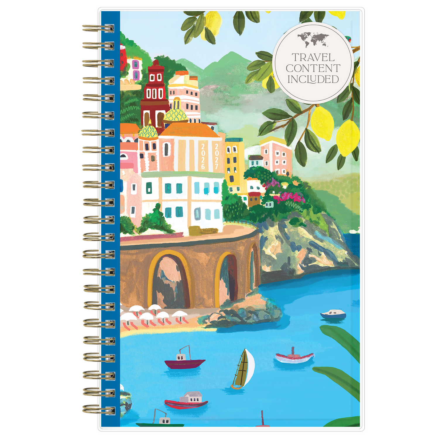 2026-2027 planner with a colorful illustration of a coastal town, boats, and lemon trees.