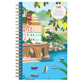 2026-2027 planner with a colorful illustration of a coastal town, boats, and lemon trees.