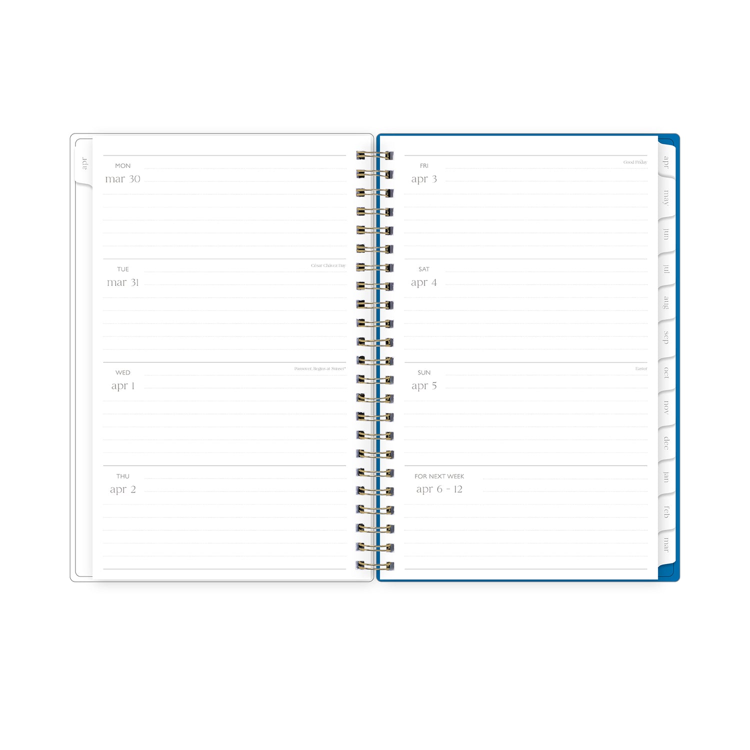 Spiral-bound planner with a to-do list on a table with lemons, a pen, and sunglasses, lined writing space and white monthly tabs