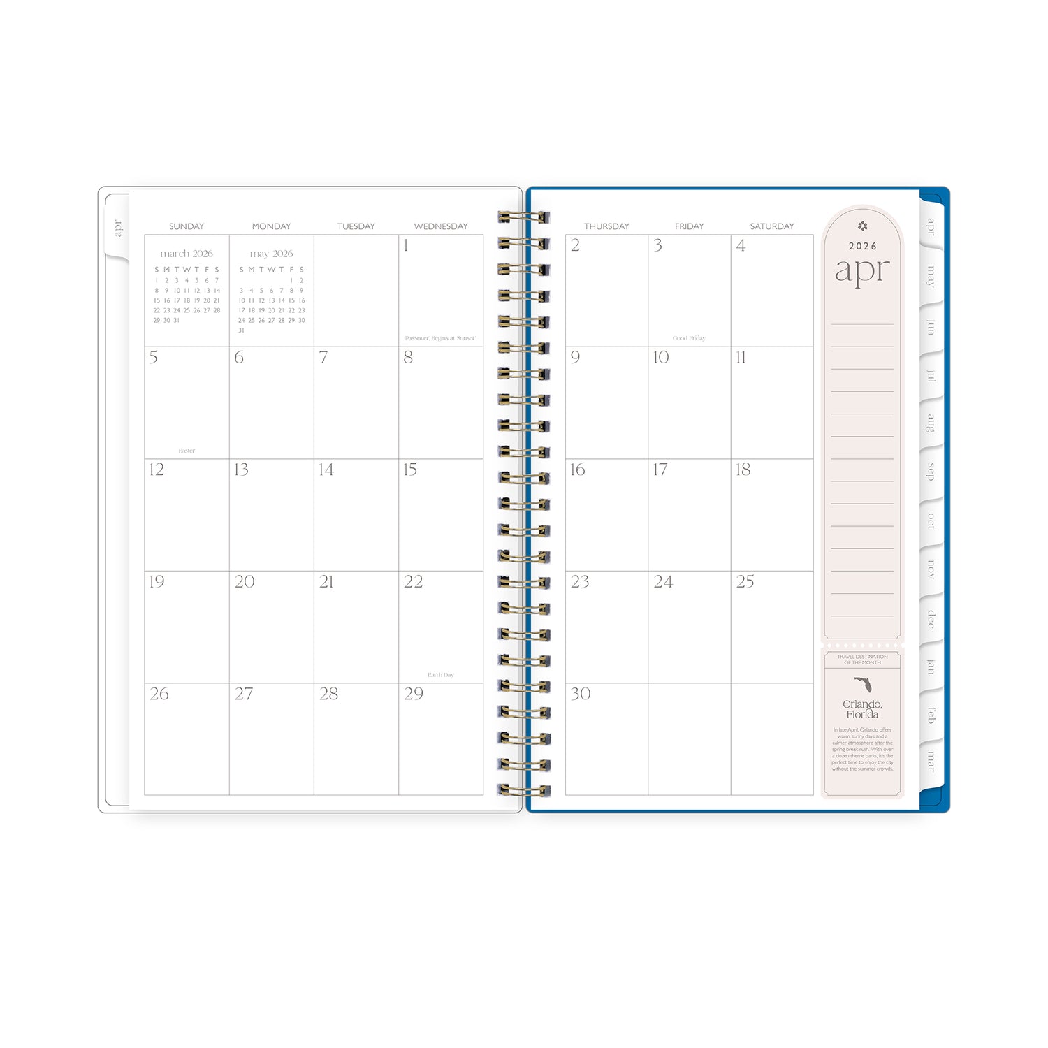 monthly spread featuring blank writing space, grey notes section, and white monthly tabs