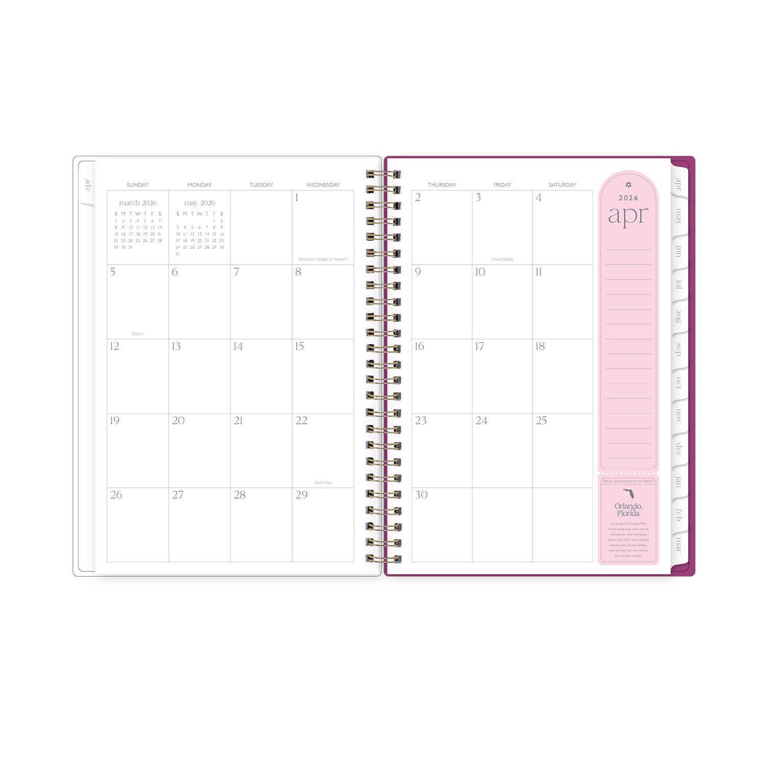 monthly spread featuring blank writing space, pink note taking section, and white monthly tabs