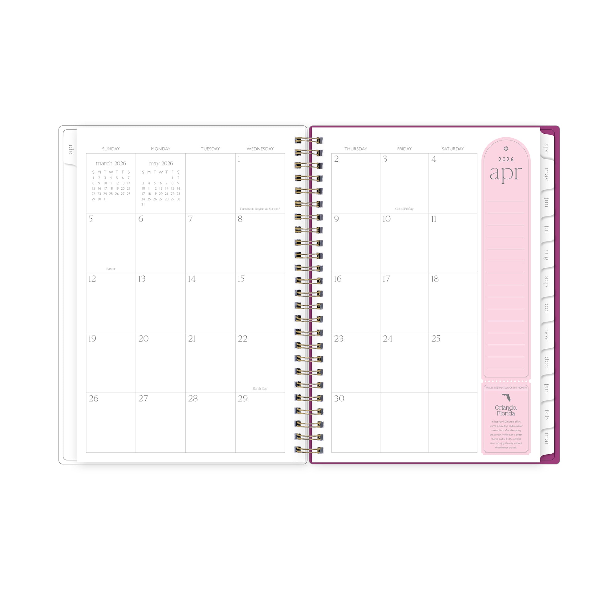 monthly spread featuring blank writing space, pink note taking section, and white monthly tabs