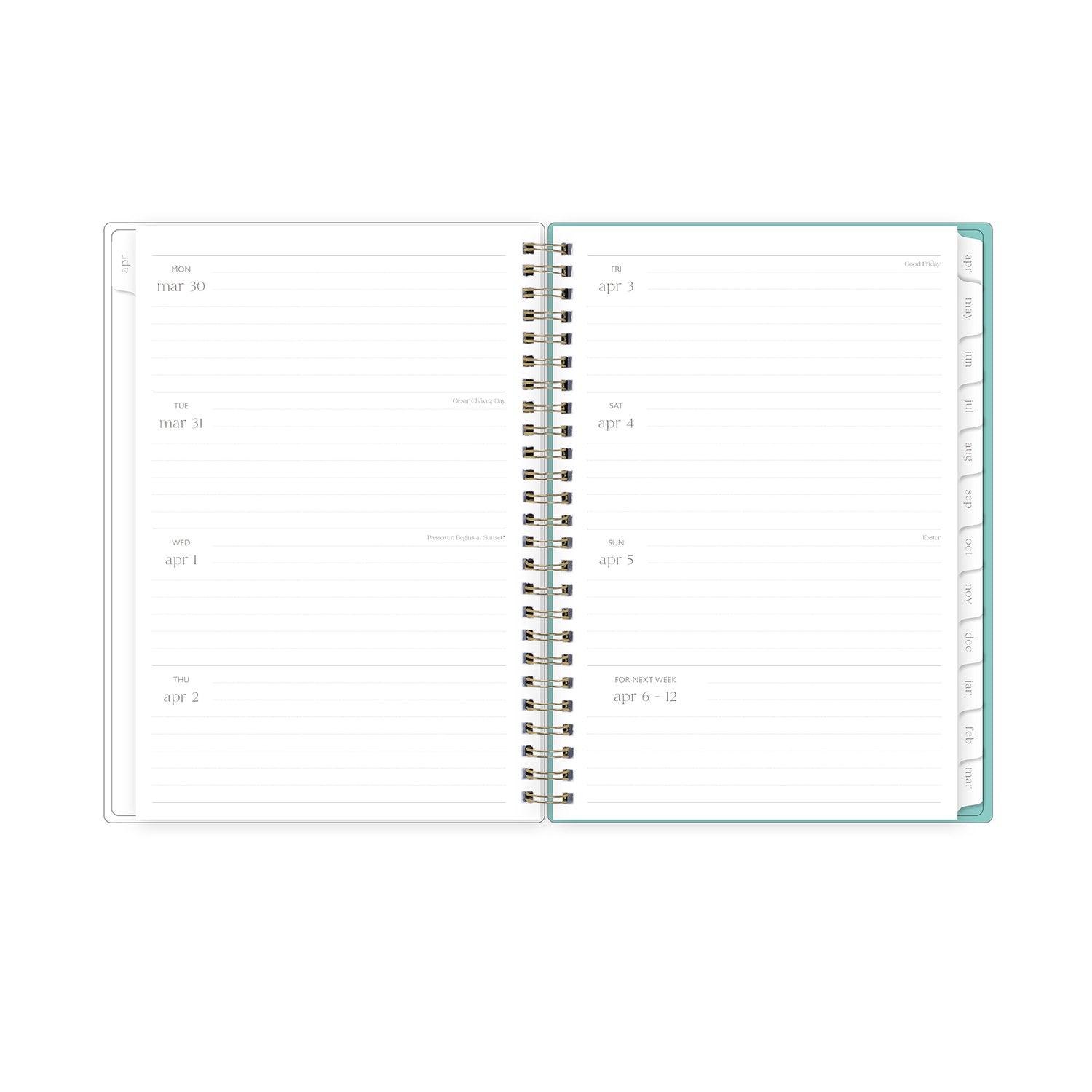 Open planner with to-do list on a sandy surface with sunglasses and shells, lined writing space and white monthly tabs