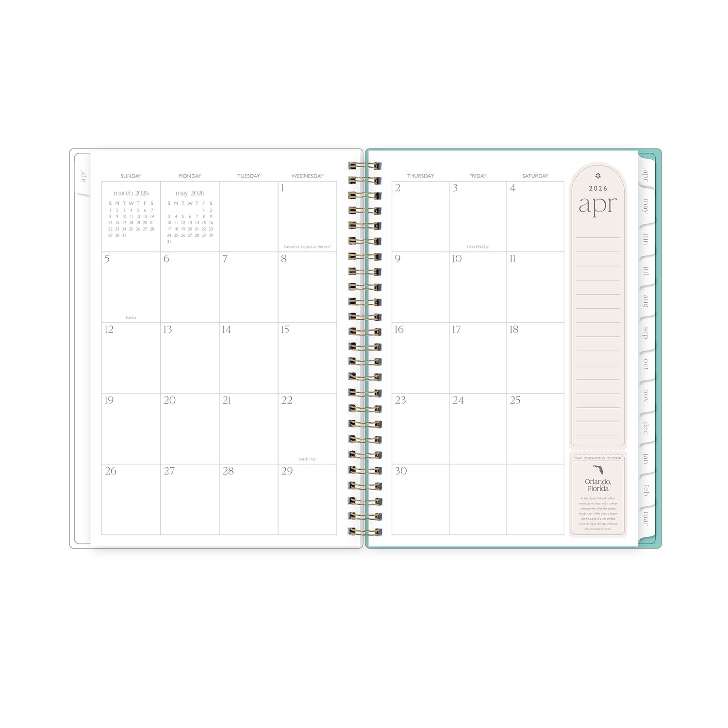 monthly spread featuring blank writing space, pink note taking section, and white monthly tabs