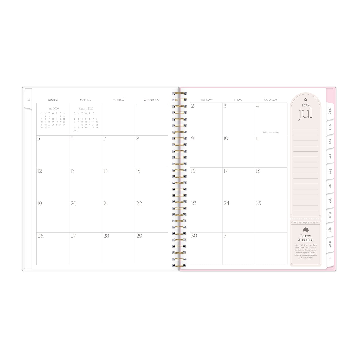 monthly spread on this 8.5x11 planner featuring august 2026 blank writing space, lined noes section.