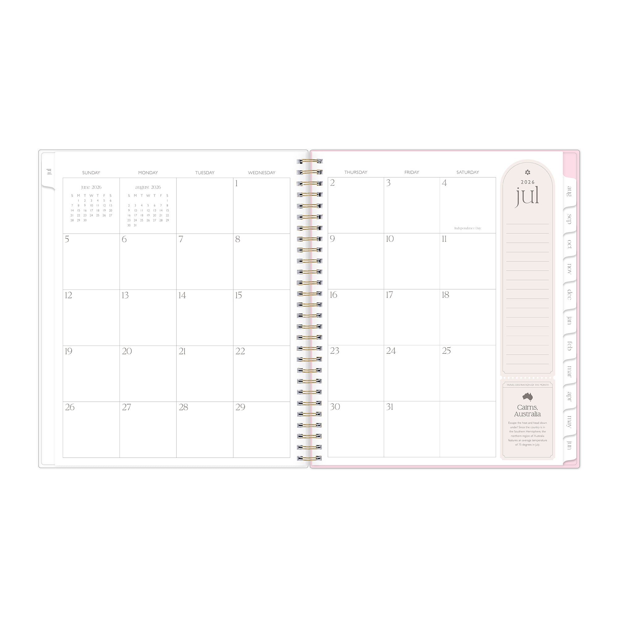 monthly spread on this 8.5x11 planner featuring august 2026 blank writing space, lined noes section.