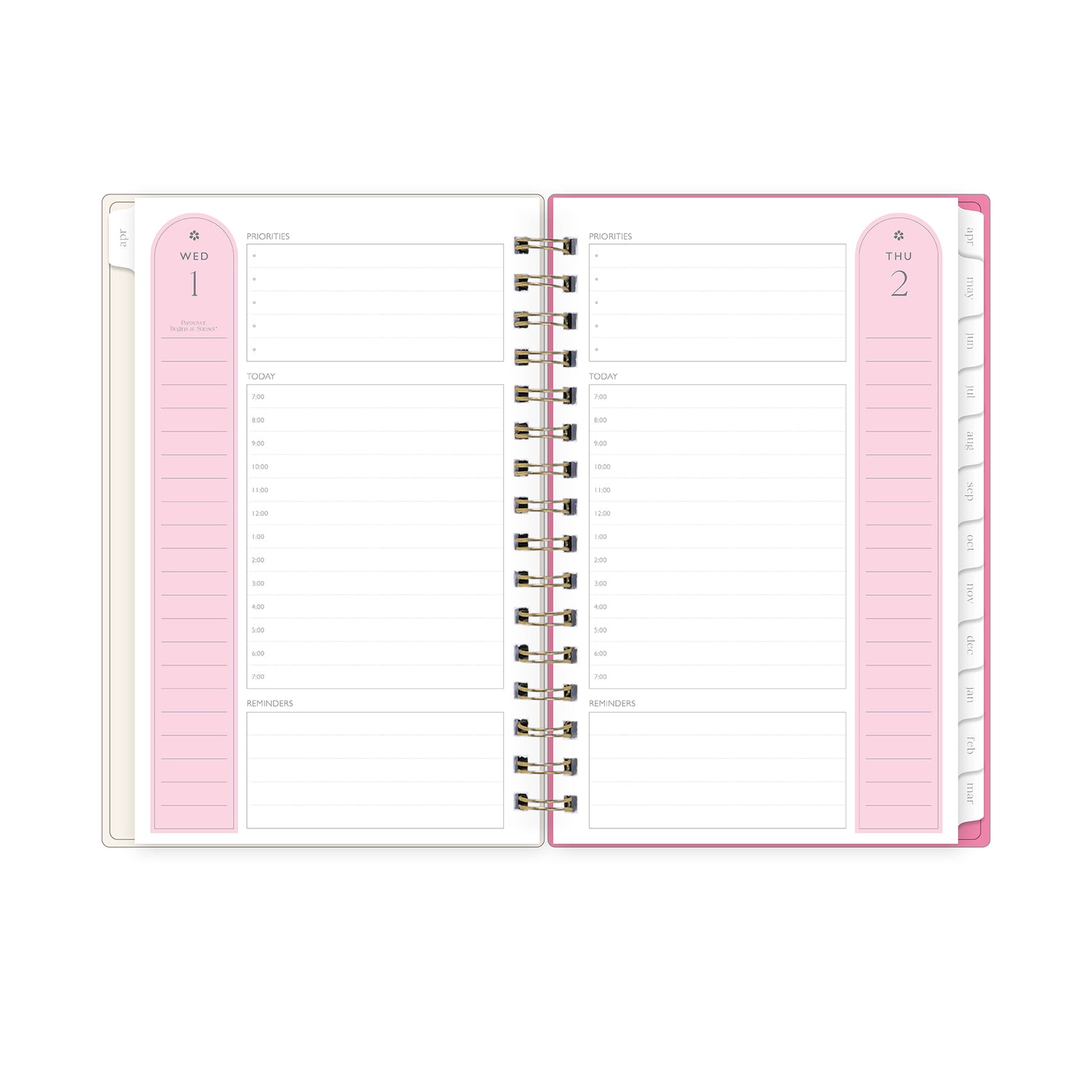 open spread daily view of this 5x8 planner featuring lined writing space and white monthly tabs, notes section, and hourly increments