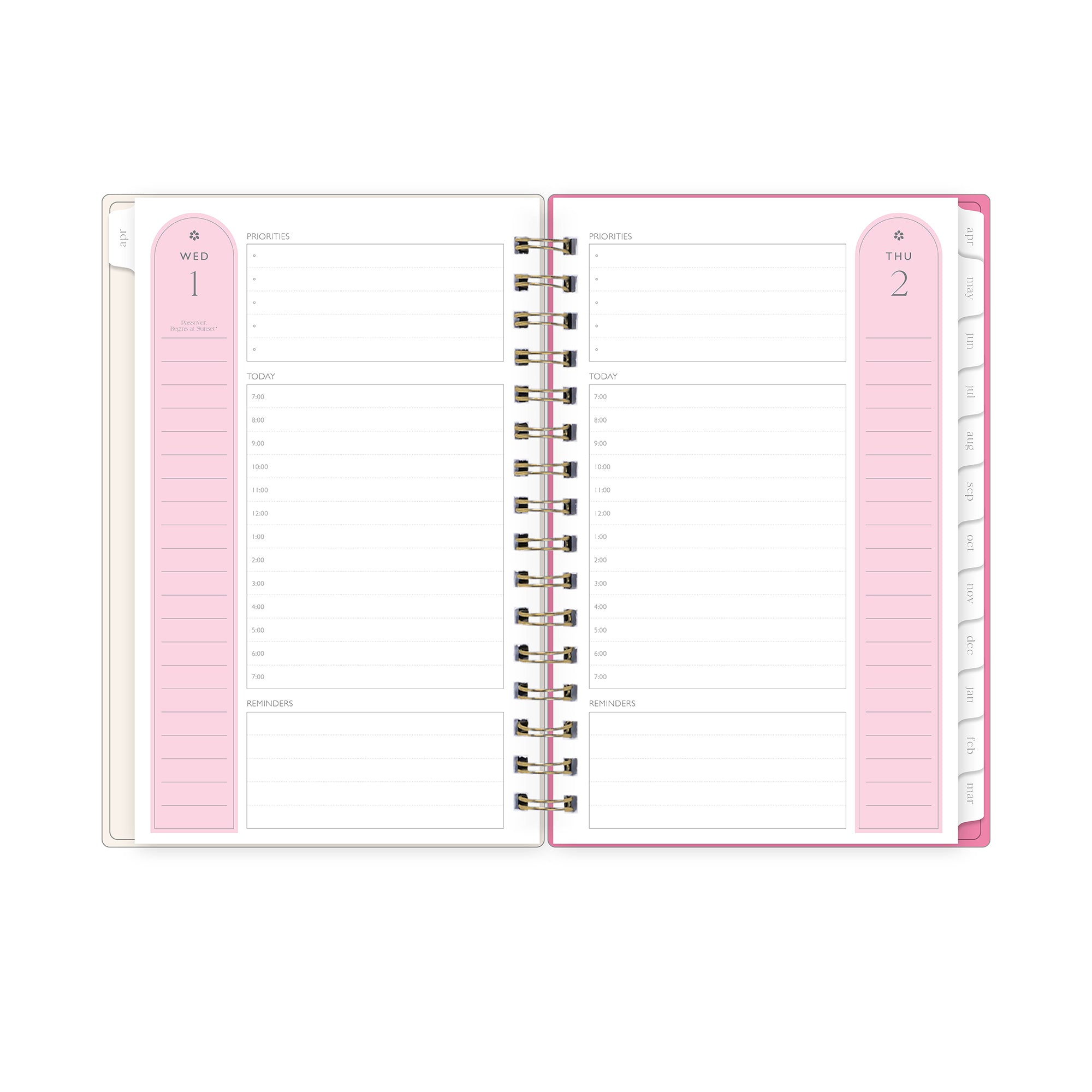 open spread daily view of this 5x8 planner featuring lined writing space and white monthly tabs, notes section, and hourly increments