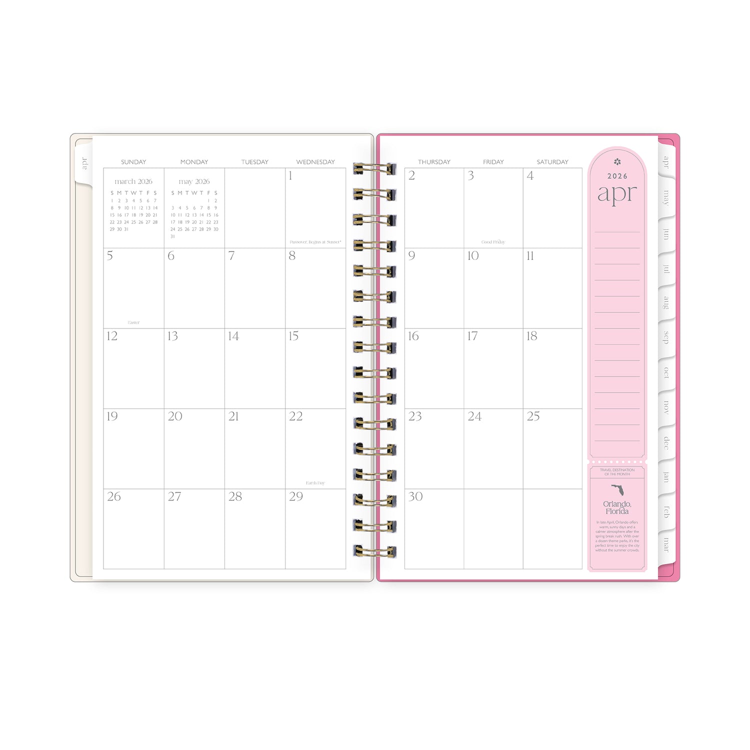 monthly spread featuring blank writing space, pink note taking section, and white monthly tabs