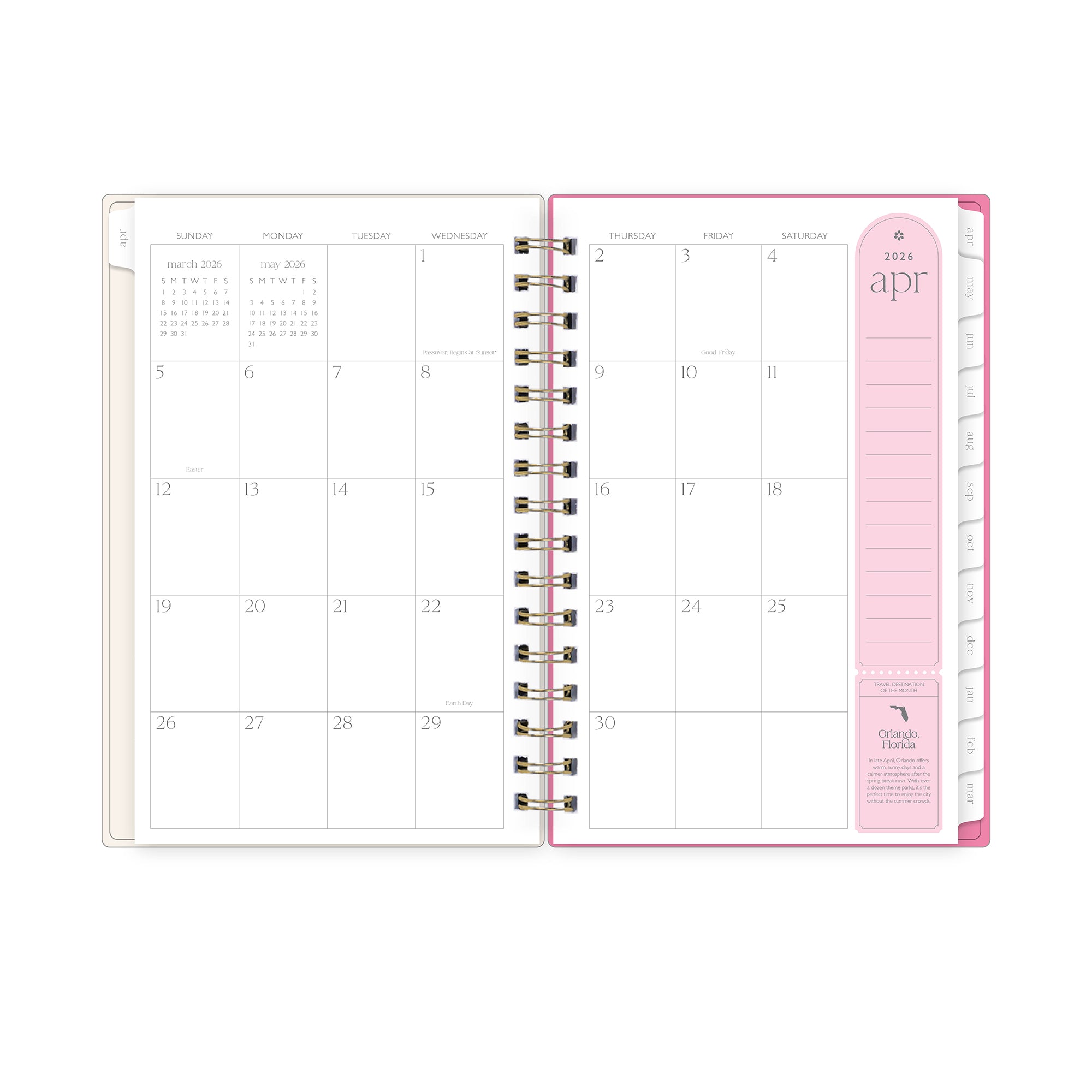 monthly spread featuring blank writing space, pink note taking section, and white monthly tabs