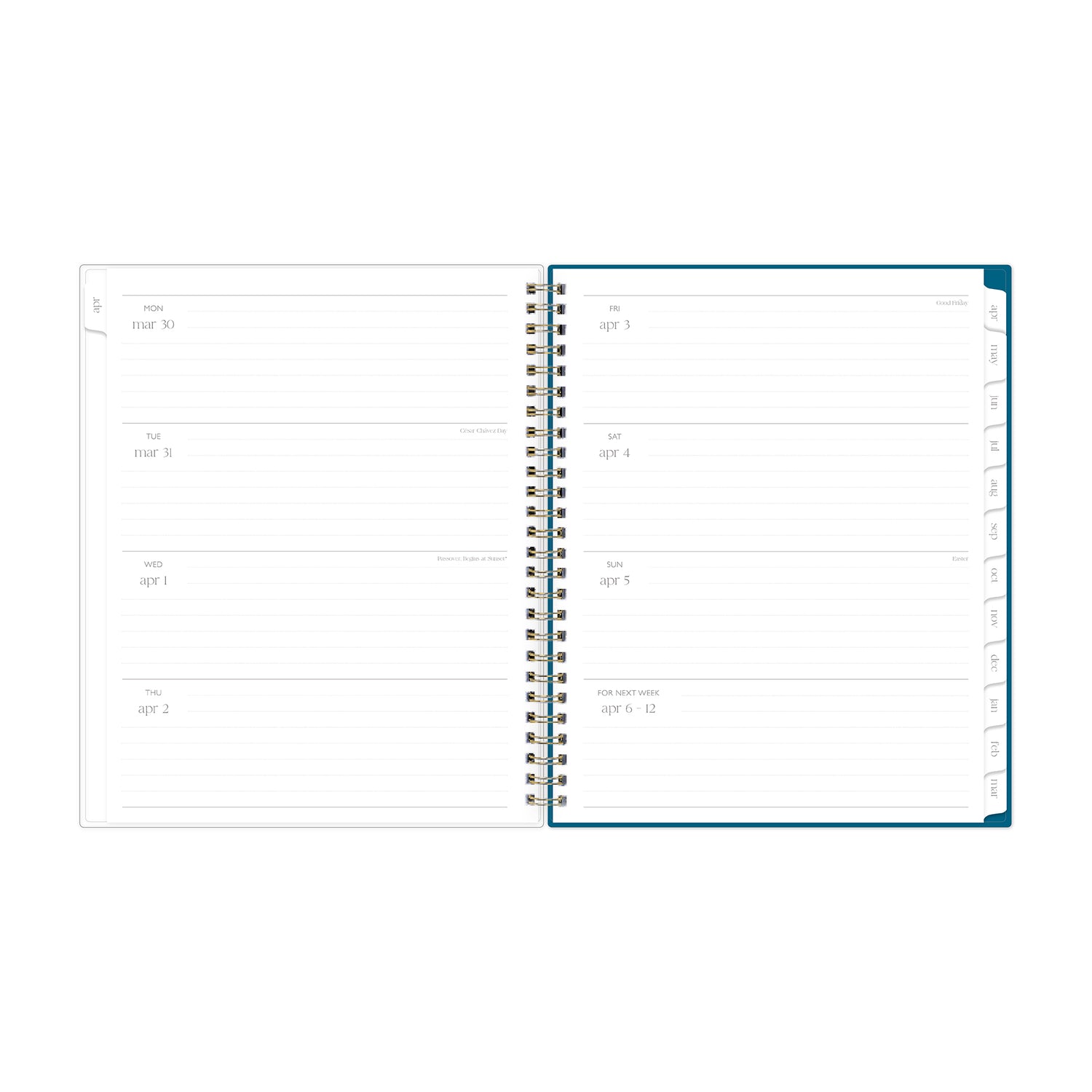 Open planner spread with lined writing space, white monthly tabs in 8.5x11 size