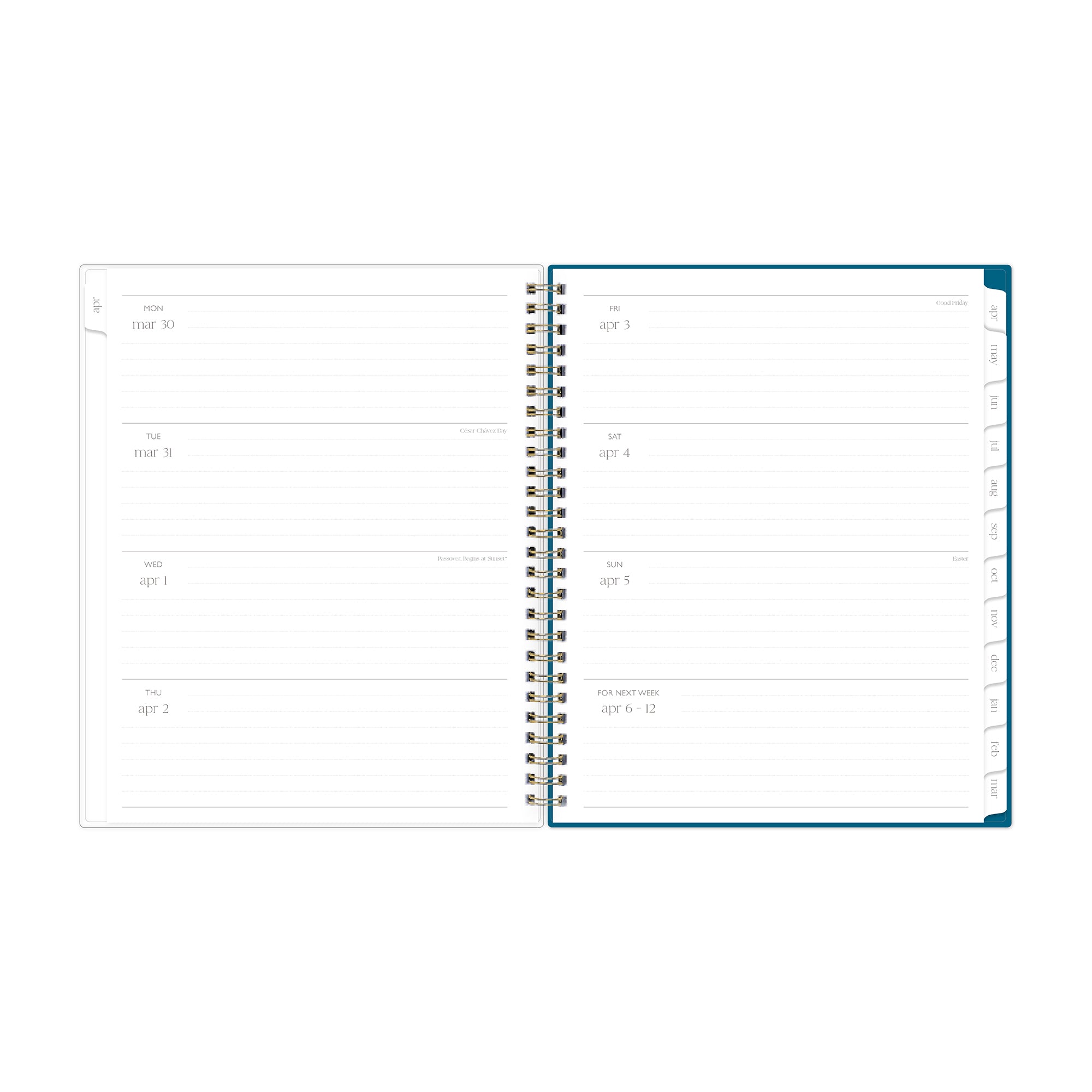 Open planner spread with lined writing space, white monthly tabs in 8.5x11 size