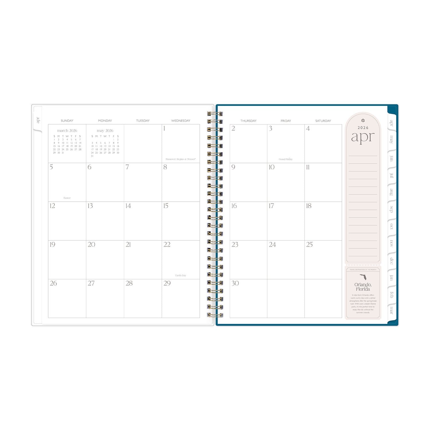 monthly spread featuring blank writing space, grey note taking section, and white monthly tabs