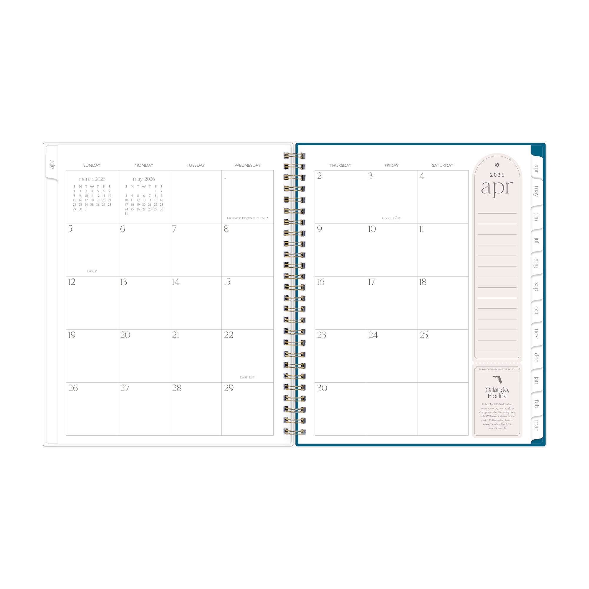 monthly spread featuring blank writing space, grey note taking section, and white monthly tabs