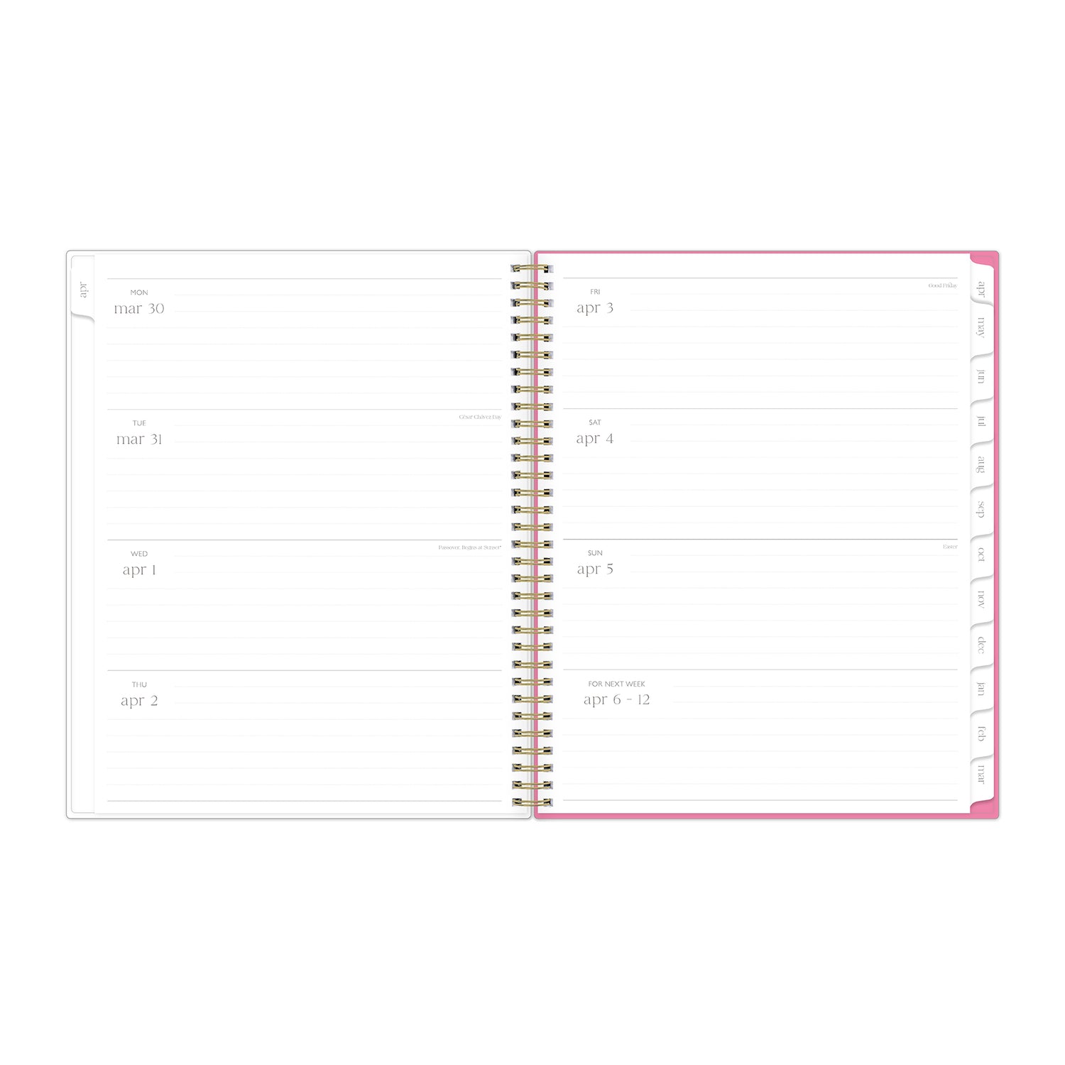 open spread weekly view of this 8.5x11 planner featuring lined writing space and white monthly tabs
