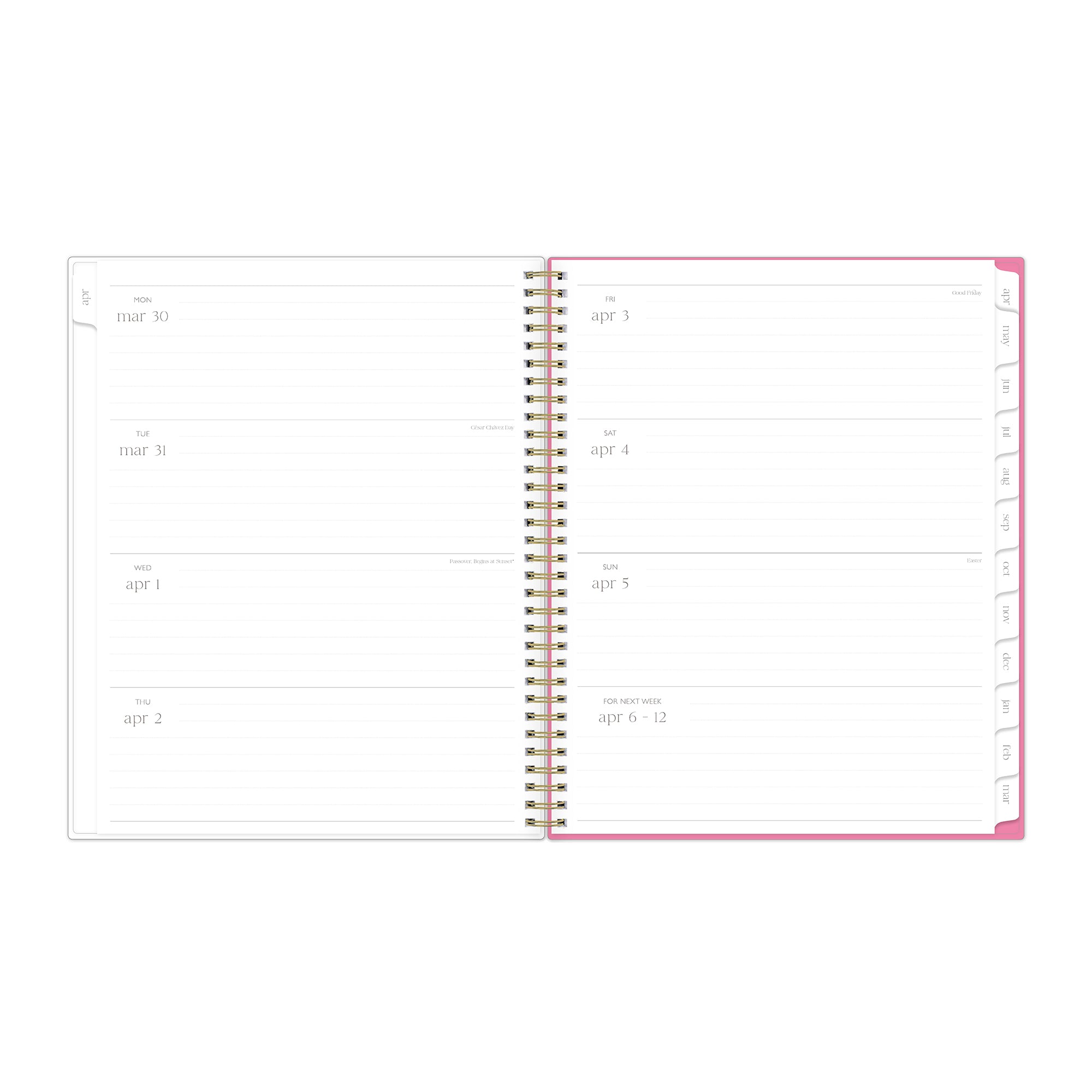 open spread weekly view of this 8.5x11 planner featuring lined writing space and white monthly tabs