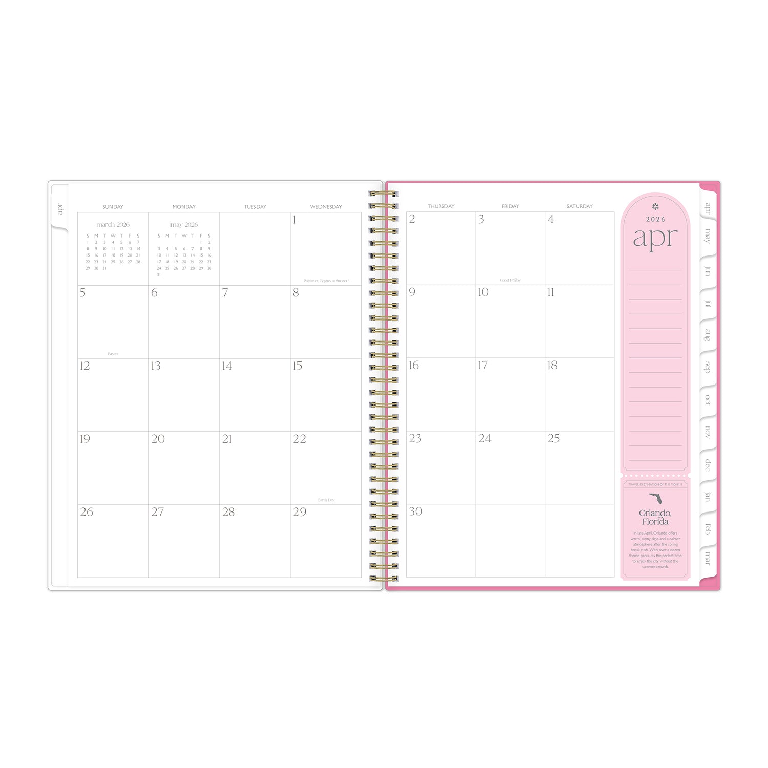 Open planner showing a monthly calendar layout with a pink section for note taking on a white background