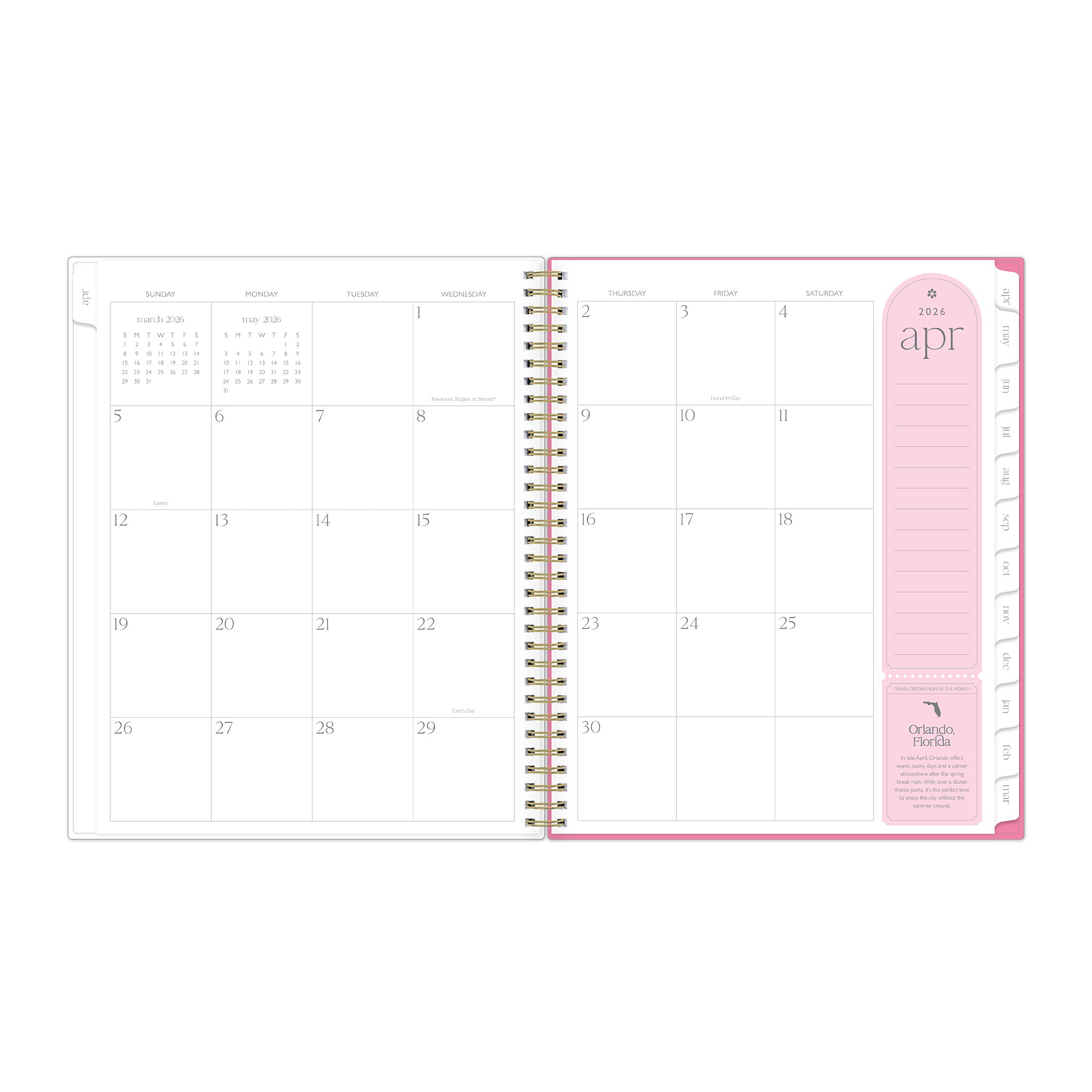 Open planner showing a monthly calendar layout with a pink section for note taking on a white background