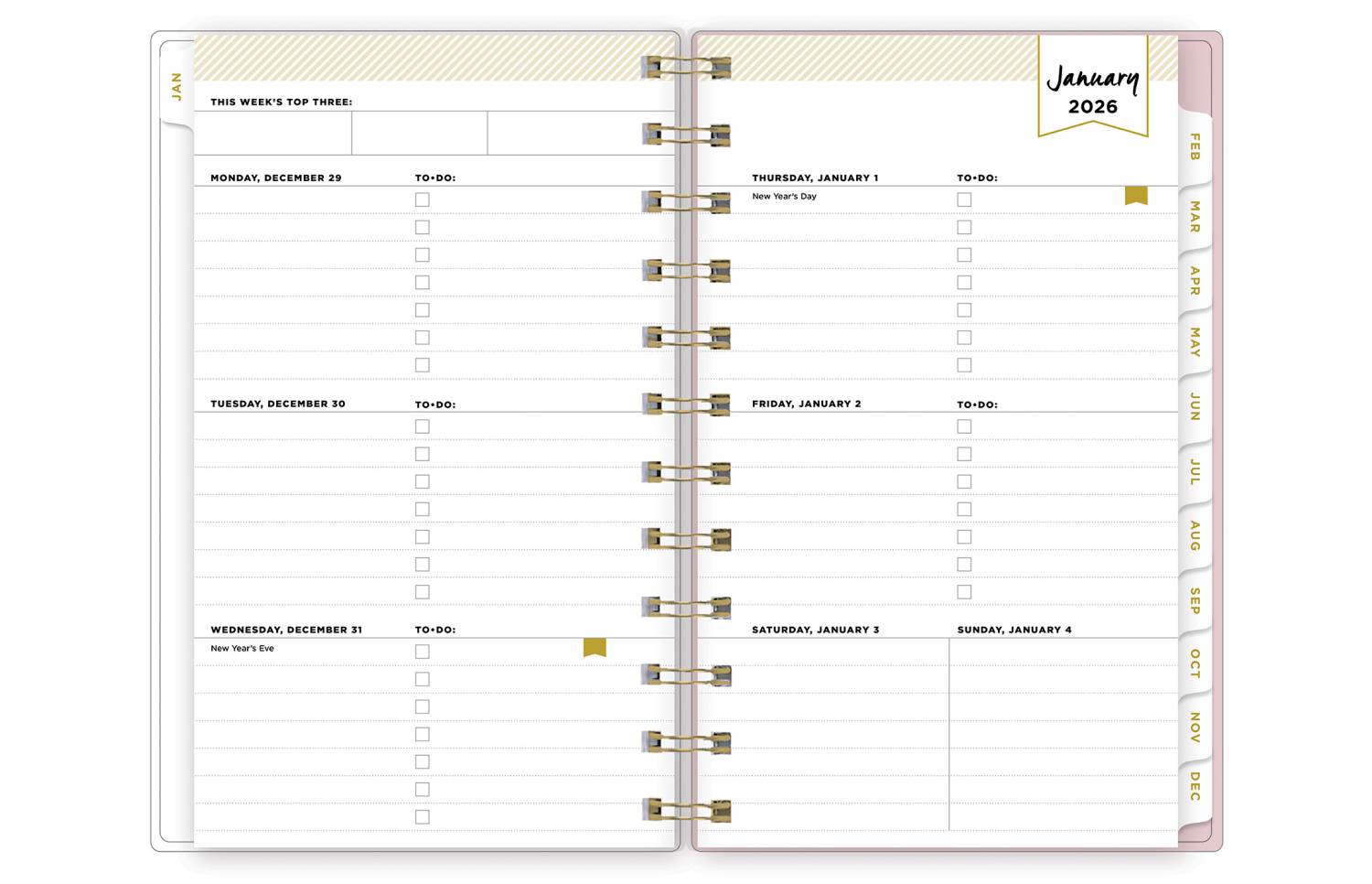 2026 pocket planner featuring weekly spread lined notes, bullet points, and white monthly tabs